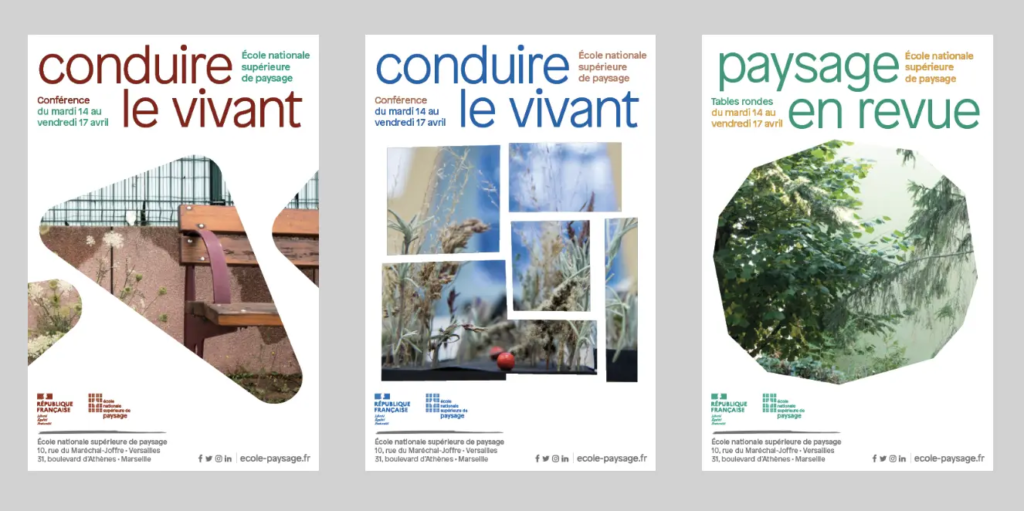 Trois affiches créées pour l’École nationale supérieure de paysage, illustrant une communication visuelle cohérente et impactante grâce à une mise en page épurée, une typographie contemporaine et des formes géométriques fortes.