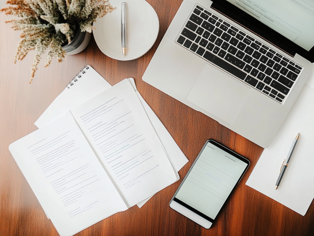 Vue de dessus d’un bureau avec un ordinateur portable, un smartphone, des documents imprimés et un carnet, illustrant les différents formats de supports de formation.